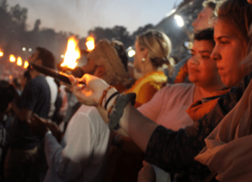 Performing the Aarti at Sacred river Ganga in Triveni Ghat