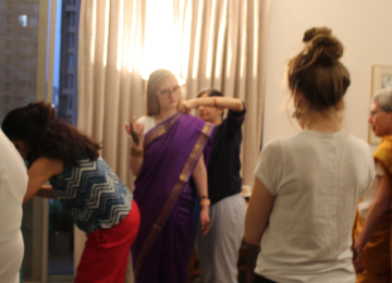 Saree draping session at an Indian home in Delhi
