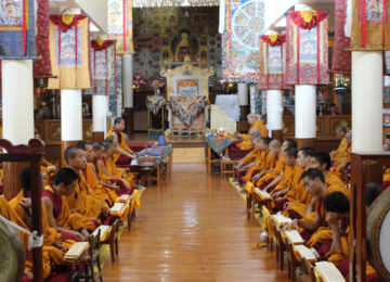 Buddhist monks chanting at HH Dalai Lama temple, tsuglagkhang complex, Dharamshala, on the auspicious day of Vesak