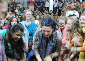 Celebrations and dancing after the Ganga Aarti, Rishikesh